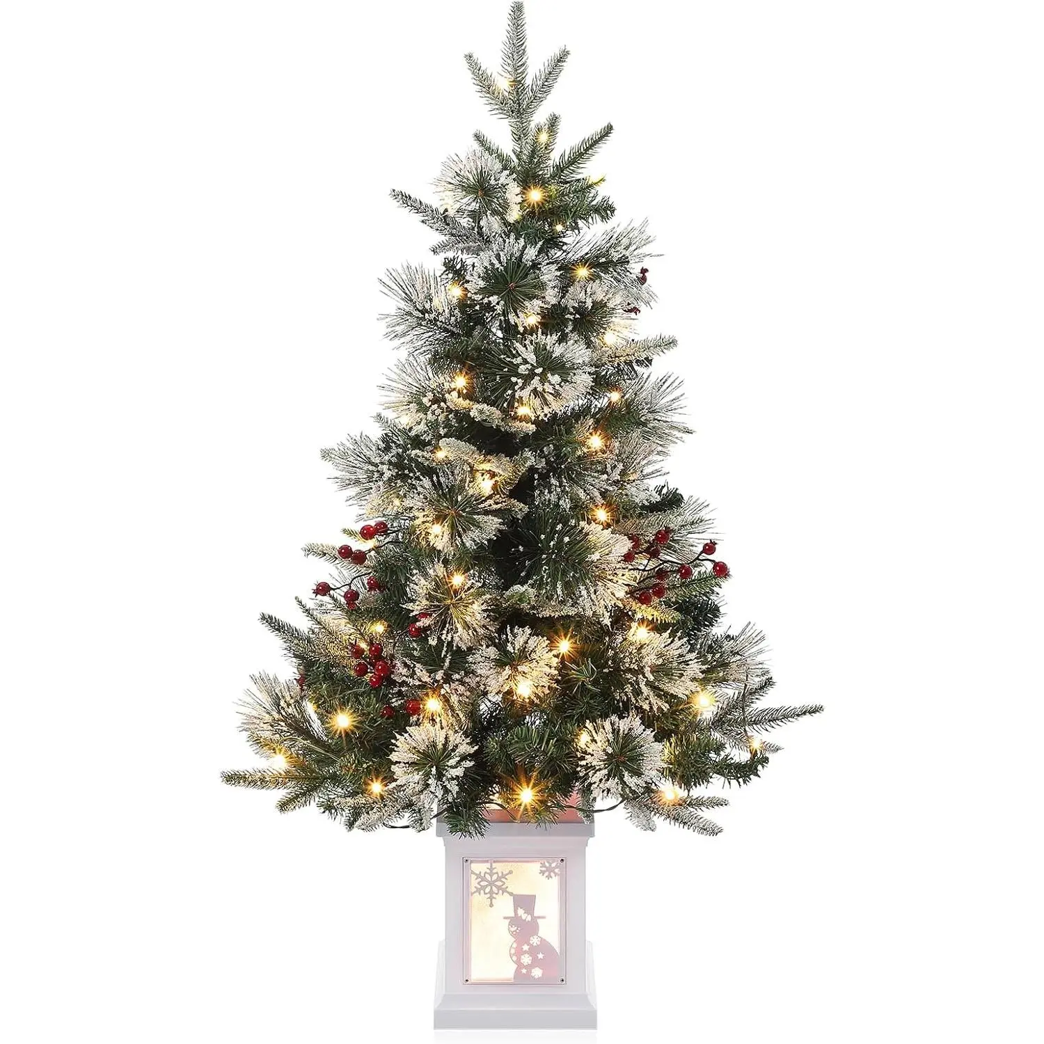 GARVEE 90cm artificial Christmas tree with 78 lights, battery-operated pre-lit premium snow-flocked artificial Christmas tree with red berries, Christmas decoration for home, office, white base