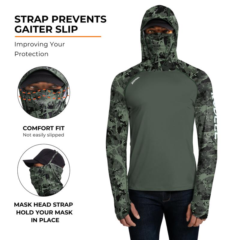 RODEEL 934 Sun Hoodie Shirt w/ UV Detection Mask Neck Gaiter Thumbhole Men UPF 100+ Sun Protection Raglan Long Sleeve Lightweight Quick Dry Moisture Wicking Breathable Cooling Athletic Activewear for Outdoor Hiking Fishing Construction Roofing Landscaping