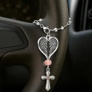 Guardian Heart Wing Cross Charm, Silver Color Pendant with Crystal, Elegant Decoration for Car Steering Wheel & Handbag Accessories