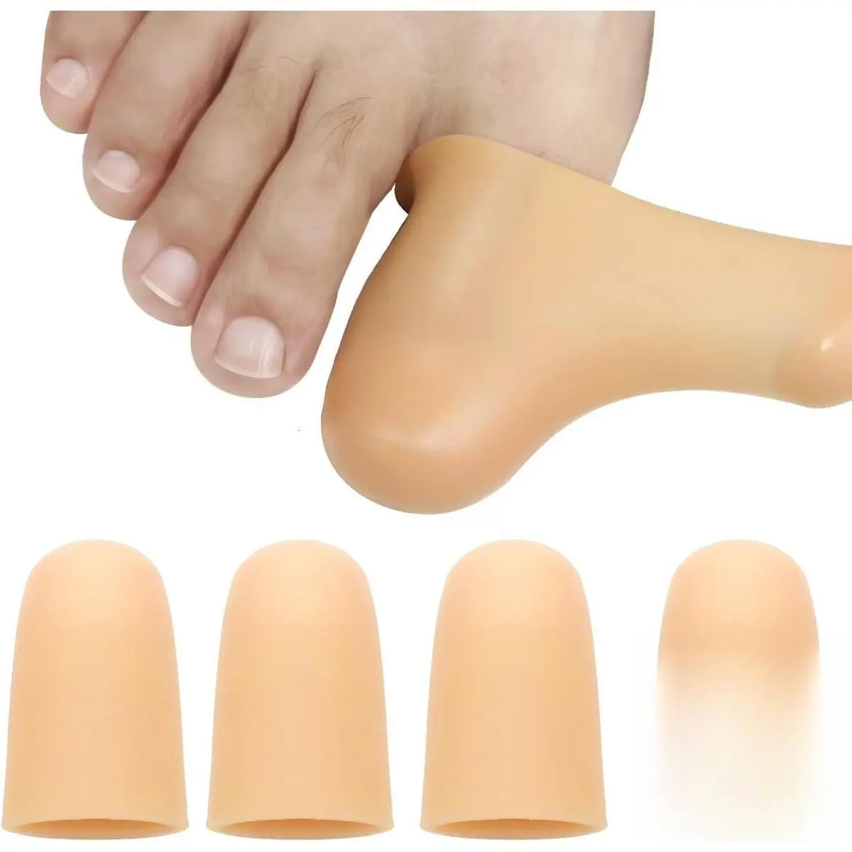 4 Pack Gel Toe Cap and Protector for Big Toe - Cushions and Protects, Toe Covers for Women & Men, Provides Relief from Missing or Ingrown Toenails, Corns, Blisters, Hammer Toes (Large, Beige)