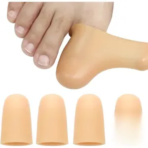 4 Pack Gel Toe Cap and Protector for Big Toe - Cushions and Protects, Toe Covers for Women & Men, Provides Relief from Missing or Ingrown Toenails, Corns, Blisters, Hammer Toes (Large, Beige)