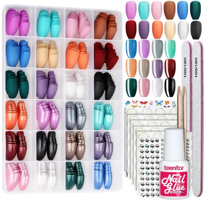 Coffin Shape Press On Nails Set, Teenitor 24 Packs 576PCS Matte Short Coffin Glue On Nails Medium Length, 12 Colors Coffin , 12 Colors Glossy Press On Coffin Nails, Reusable, Nail Adhesive Tabs, Nail Stickers Rhinestone