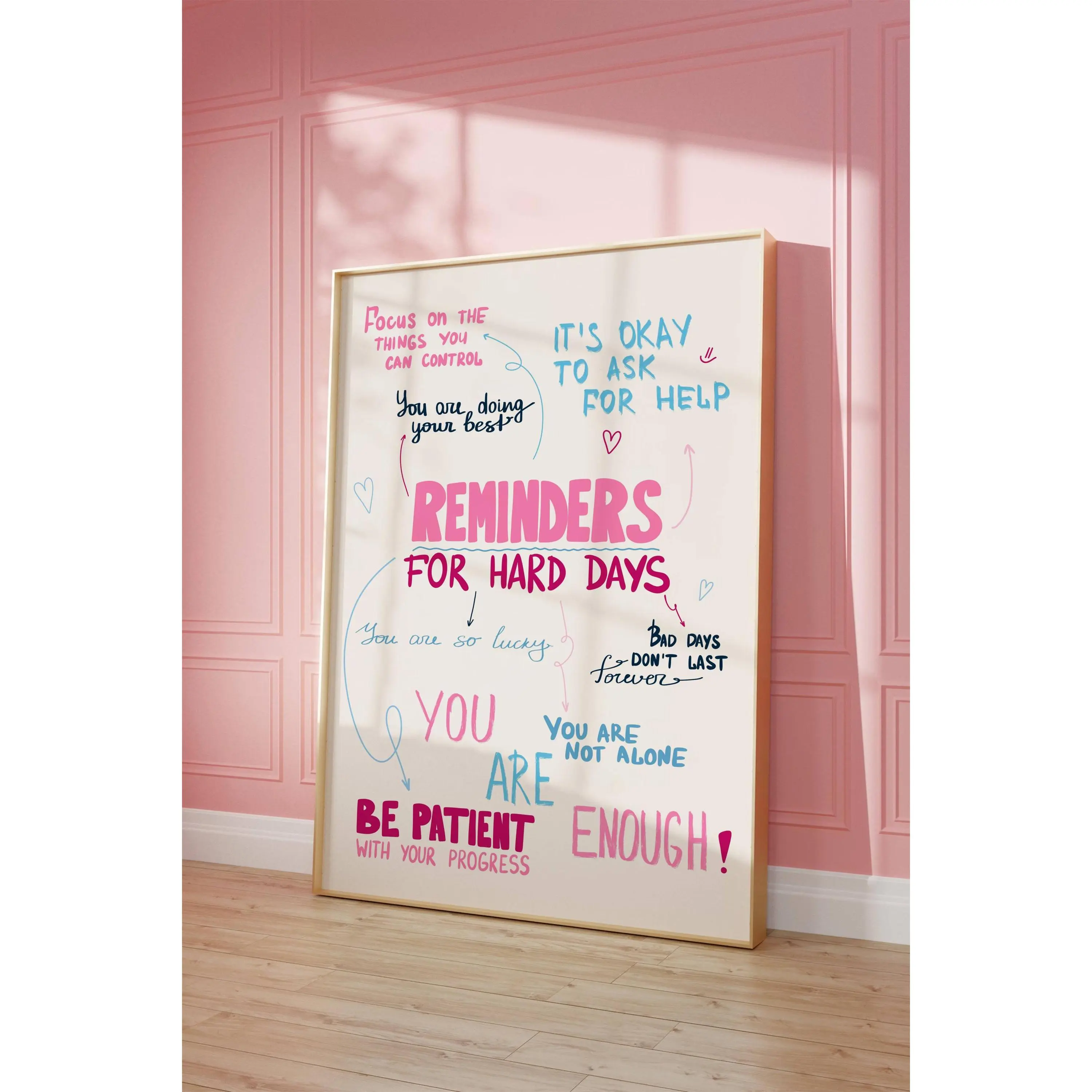 Reminders For Hard Days Wall Art Print Blue Pink Preppy Print Trendy Wall Art Aesthetic Dorm Decor Positive Bedroom Wall Art Unframe Matte Poster