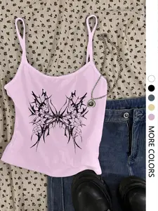 Women's Gothic Wing Print Slim-Fit Crop Top, Sexy Sweet Spicy Casual Sleeveless Spaghetti Design, Casual Home Wear for All Seasons