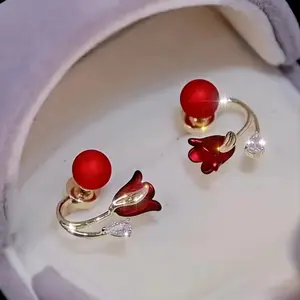 Fashion New Year Party Gift for Girls over 15 Years Old, Fashionable Red Artificial Pearl Earrings with Alloy Hook and Glass Decoration 2 Pairs