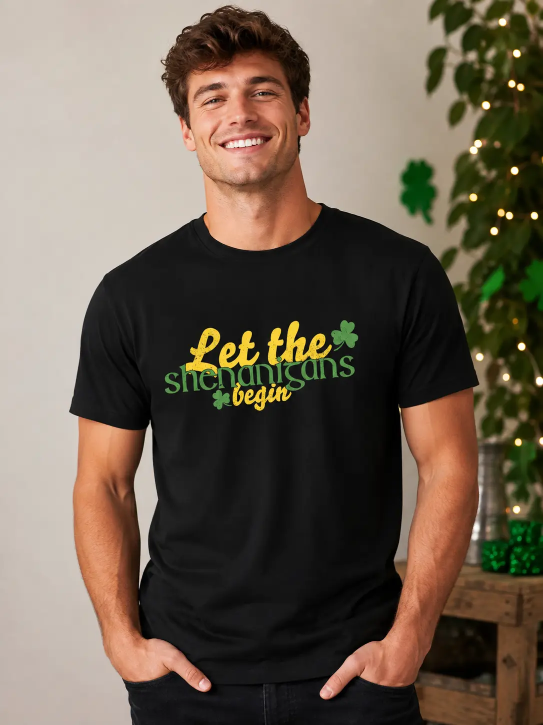 Shenanigans Begin Shamrock Fun Letter Print Black Shirt T-Shirt Tee Top Oversized Unisex Harajuku Streetwear Casual Sweet Wear Outfit Men Women Trendy Irish Graphic Fashion