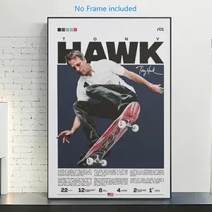 Tony Hawk Skateboarder Retro Canvas Wall Art - Unframed 12x18 Inch Vintage Skateboarding Poster, Art Deco Style Bold Graphic Print for Bedroom, Living Room, Home Office Decor - Indoor Wall Artwork, Skateboard Gifts