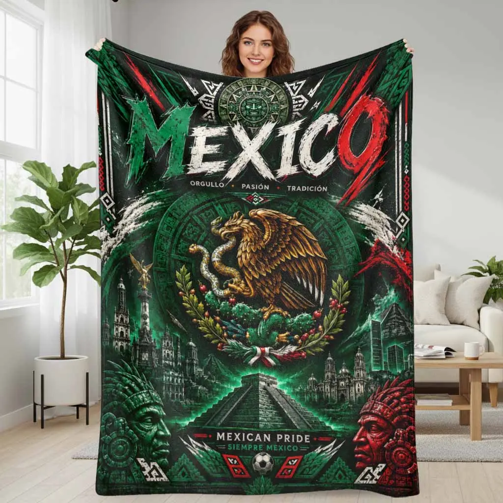 Mexico Aztec Eagle Flannel Throw Blanket, Mexican Pride Print, Wrinkle Resistant, 30×40 inch/76×101cm (Mini) Multi-Size Single Piece, Soft Warm Lightweight Cozy, Indoor/Outdoor for Sofa Bed Home Decor Gift