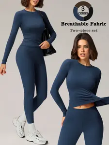 Women's 2-Piece Loungewear Set Long-Sleeve & Long Pants Crew Neck High Stretch Ultra-Comfortable Casual & Sporty Style Perfect for Travel Airport Looks Lounging at Home Errands & Daily Outings A Versatile All-in-One Sleepwear & Loungewear Set