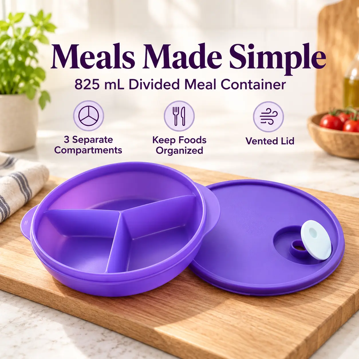 Microflash 825 mL Divided Meal Container with Vented Lid – Purple, 3 Compartments