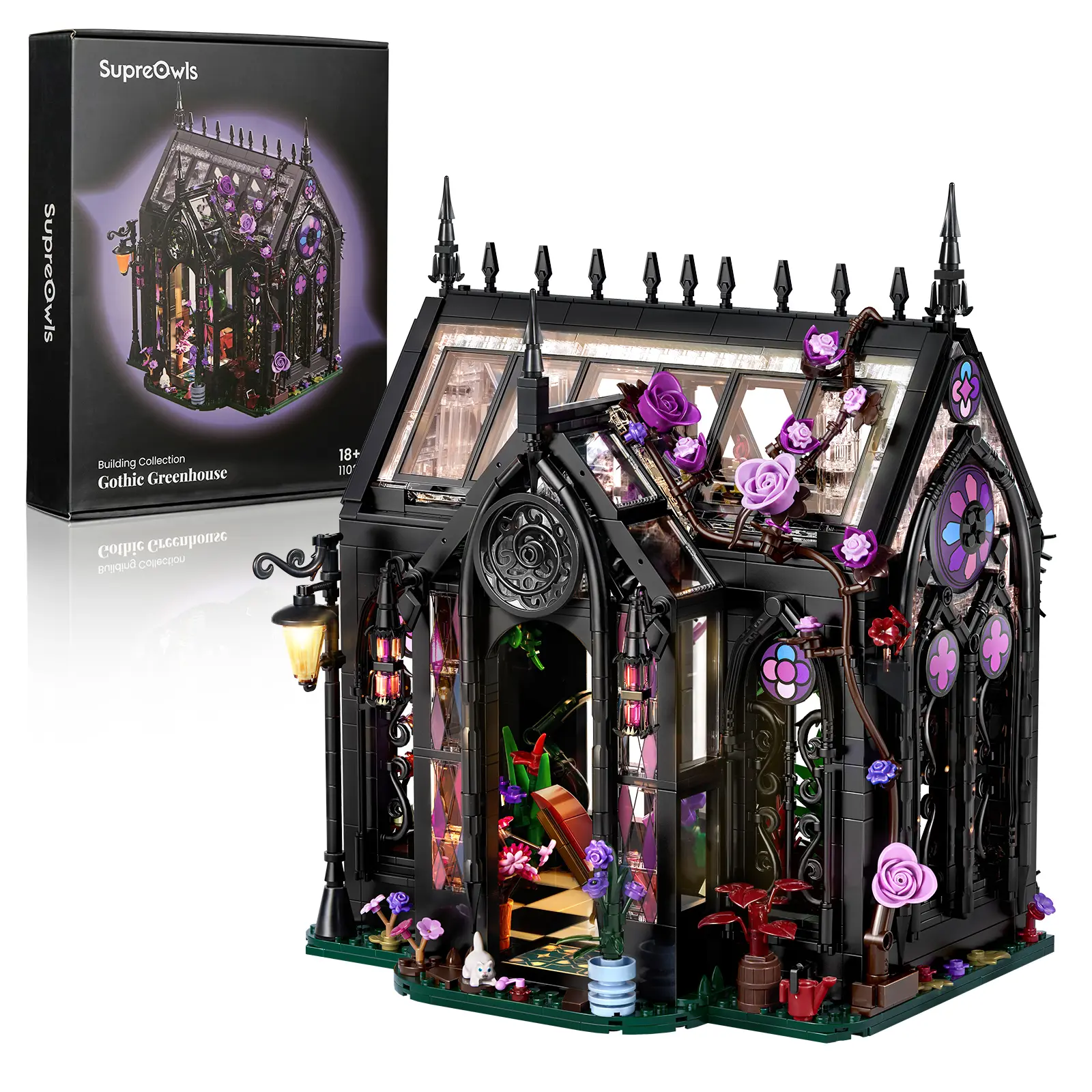 SupreOwls  Gothic Greenhouse Building Set with Lights, Architecture Model with Stained Glass & Rose Vines, Botanical Garden Display with Flowers & Plants, Gothic Decor Building Blocks Gift for Adults 1378 Pieces