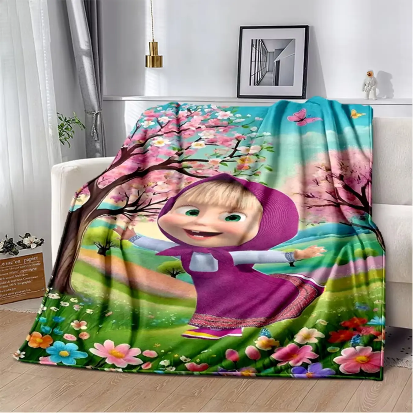 3D Masha and Bear Cartoon Print Super Microfiber Blanket - Soft, Warm, Lightweight, Multi-Size Throw for Indoor/Outdoor Use, Kids Christmas Gift (Bed, Living Room)