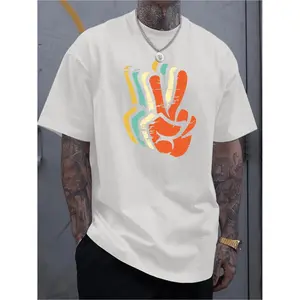 Men'S Retro Graphic Print Short Sleeve T-Shirt | Black with Colorful Peace Sign and Abstract Hand Gestures Design