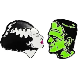 Rock Rebel Bride of Frankenstein & Frankenstein Glow in the Dark Enamel Pin Set