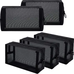 5Pcs/Set Mesh Makeup Bag,Portable Travel Cosmetic Bag,Black Breathable Mesh Zipper Pouch for Home Offices Travel Accessories Organizer,Christmas Party Gifts,Hand Tools Kits