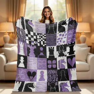 Aesthetic Chess Checkerboard Throw Blanket | Soft Purple and Black Grid Fleece Blanket |  Avant Basic Cozy Room Decor, Cool Unique Gift