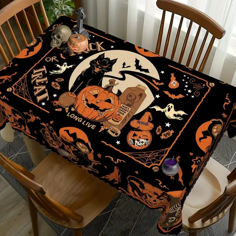 2D Flat Halloween Tablecloth, Background with Accents, High-Quality Polyester, Indoor/outdoor Decor, Festival Essential