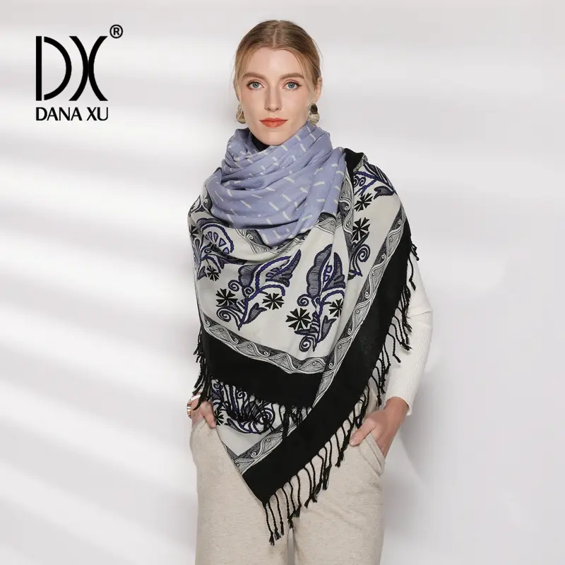 DANA XU 100% Merino Wool oversized Pashmina Blanket Travel Scarf Cashmere Long Shawl Wrap fall winter Oversize Floral Women's Fashion Unique Designs Ceremonies