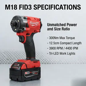 Milwaukee M18  FID3 18V Lithium-Ion 1/4-Inch Hex Impact Driver with  6.0Ah Battery and Charger, 300Nm High Torque, 3900RPM for Fastening and Construction, Compact 12.5cm Body for Tight Spaces and Professional Carpentry