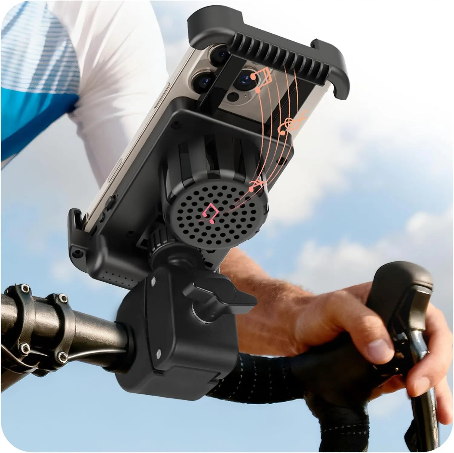 Bike Speaker with Phone Holder, Bluetooth Motorcycle Speakers with Phone Mount, Motorcycle Mount - Motorcycle Phone Holder with Bike Speaker,Handlebar Cell Phone Clamp for iPhone 16 15 14 13 12 Pro Max Plus,4.7 to 6.8" Phones, for Scooter, Motorcycle