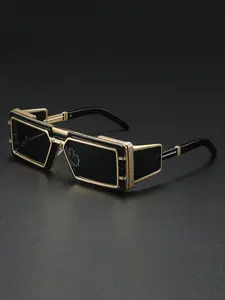 Men's Cyberpunk Metal Rectangle Eyeglasses, Wide Leg Flat Top Fashion Glasses, Perfect for Street Photography Parties Music Festivals