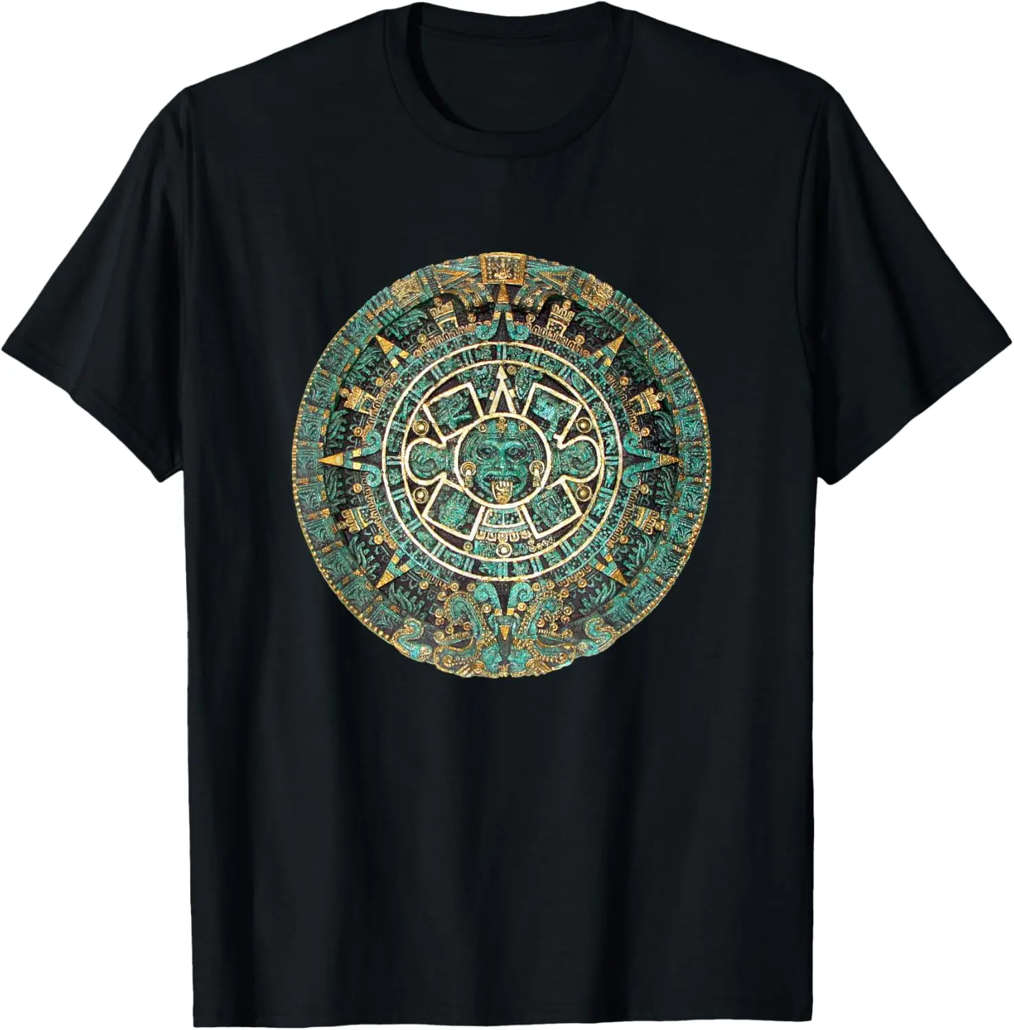 Aztec Calendar Graphic T-Shirt, Women's Casual Distressed Mexican Art 100% Cotton Short Sleeve Top for Everyday Wear