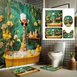 This 1/4-piece shower curtain set features a tropical jungle giraffe, cute ducklings, and green plant designs. It includes a non-slip mat, a U-shaped rug, and a toilet seat cover. Perfect for bathroom décor, it beautifies the space and comes with 12 hooks