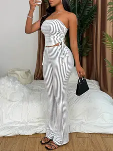 Two-piece Set Women's Sleeveless Striped Print Crop Top & Pants, Casual Fashion Cozy Outfits for Daily Outdoor Wear, Women Clothes for Summer, Casual Lounge Set
