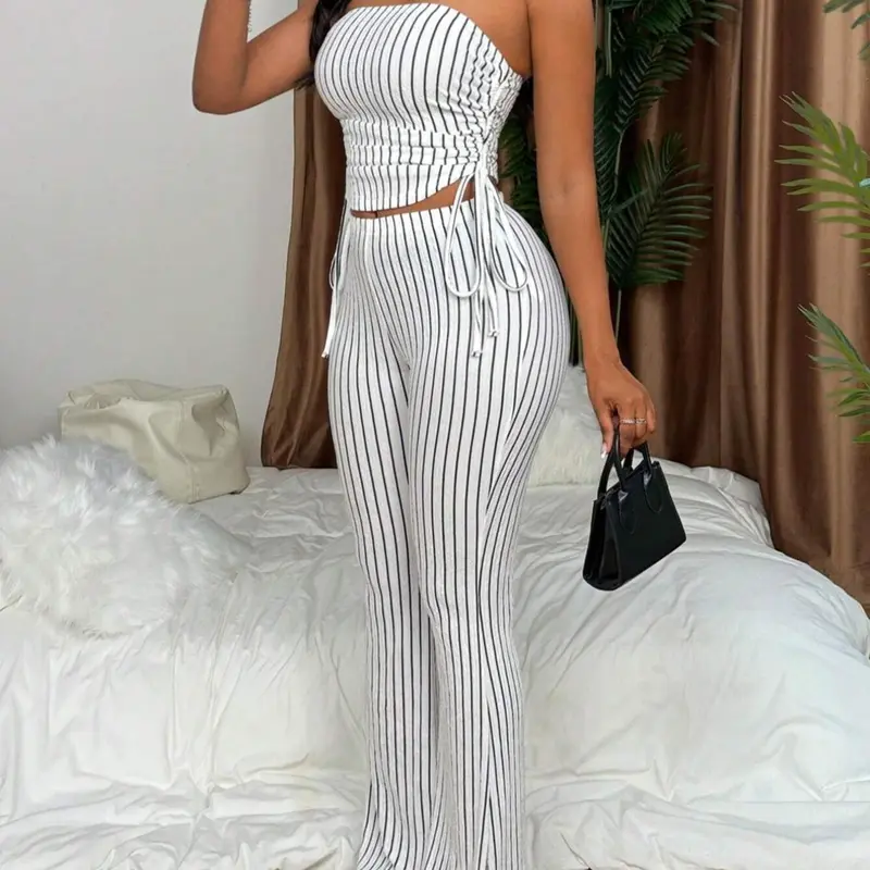 Two-piece Set Women's Striped Print Adjustable Crop Top & Pants, Striped Printed Set, Casual Aesthetic Fashion Cozy Outfits for Daily Outdoor Wear, Women Clothes for Summer, Womenswear