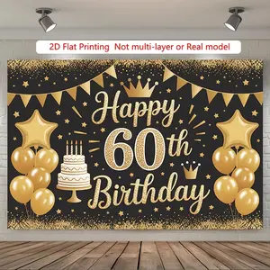 2D Flat Banner Happy 60th Birthday Backdrop, Gold Glitter Crown Cake Style, Milestone Birthday Party Background Banner