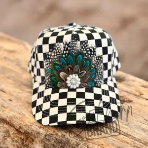 Western Feather Trucker Hat with Checkered Pattern and Decorative Feather Accent