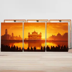 Architecture Sunset Pattern Wall Art, 3 Counts Wooden Framed Canvas Painting, Wall Decor for Home Living Room Bedroom Office