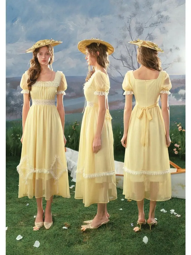 white christmas dresses Canary Yellow Gingham Floral Embroidery Midi Dress main image 0
