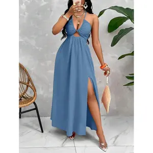 Crisscross Tie Backless Halter Swing Dress Maxi Women Outfit Formal Womenswear(Sports & Outdoor)