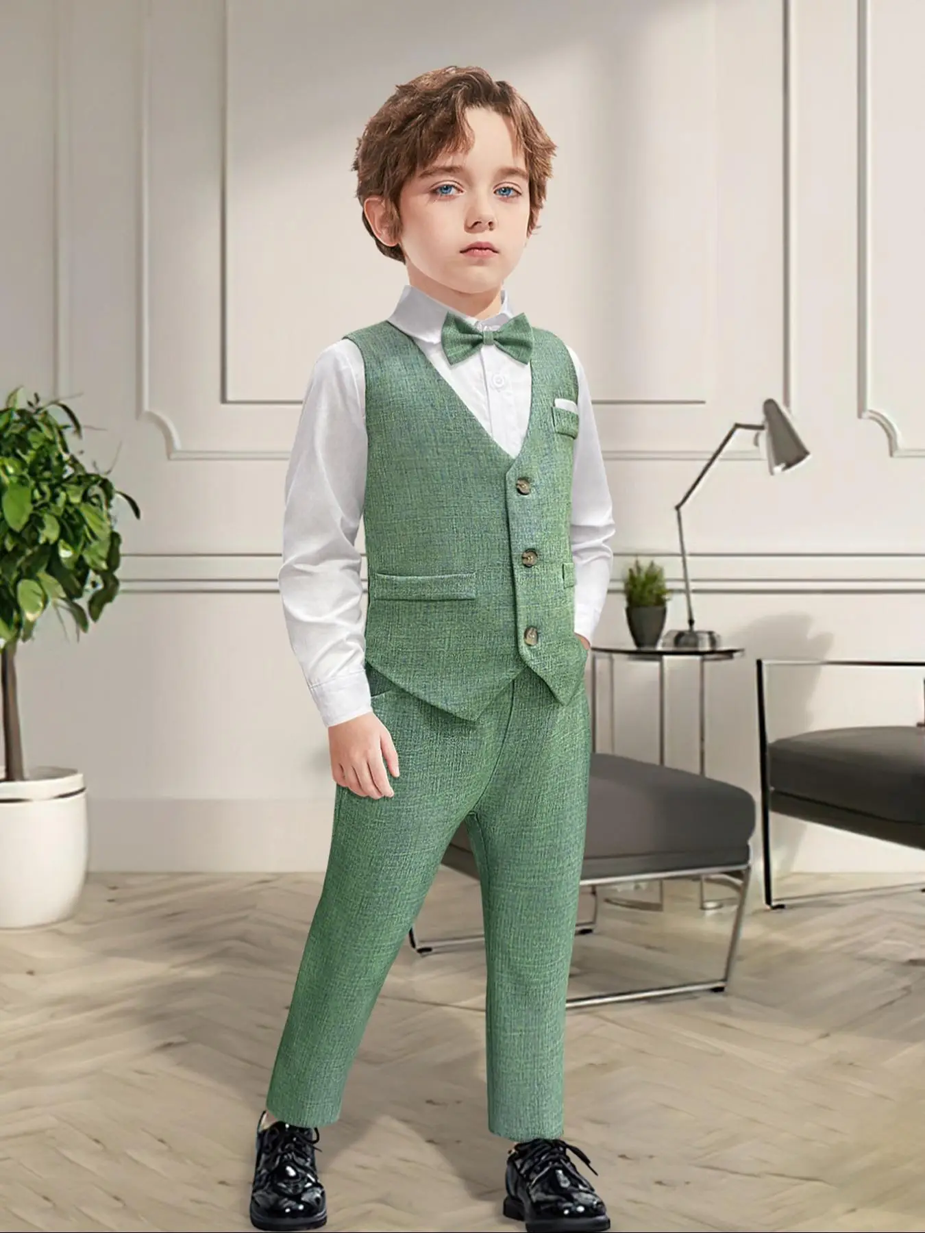 Three-piece Set Boy's Solid Button Front Vest Blazer & Bow Tie Long Sleeve Shirt & Pants Set, Elegant Formal Outfits for Wedding Party Performance Sho