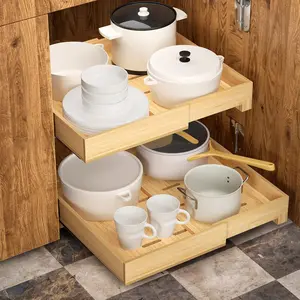 Expandable Pull Out Cabinet Organizer, 12.6''~19.7'' Long,17.3" Deep Pull Out Drawers for Cabinets,Wood Slide Out Cabinet Organizers for Kitchen/Bathroom/Pantry,Easy Install with Nano Tape