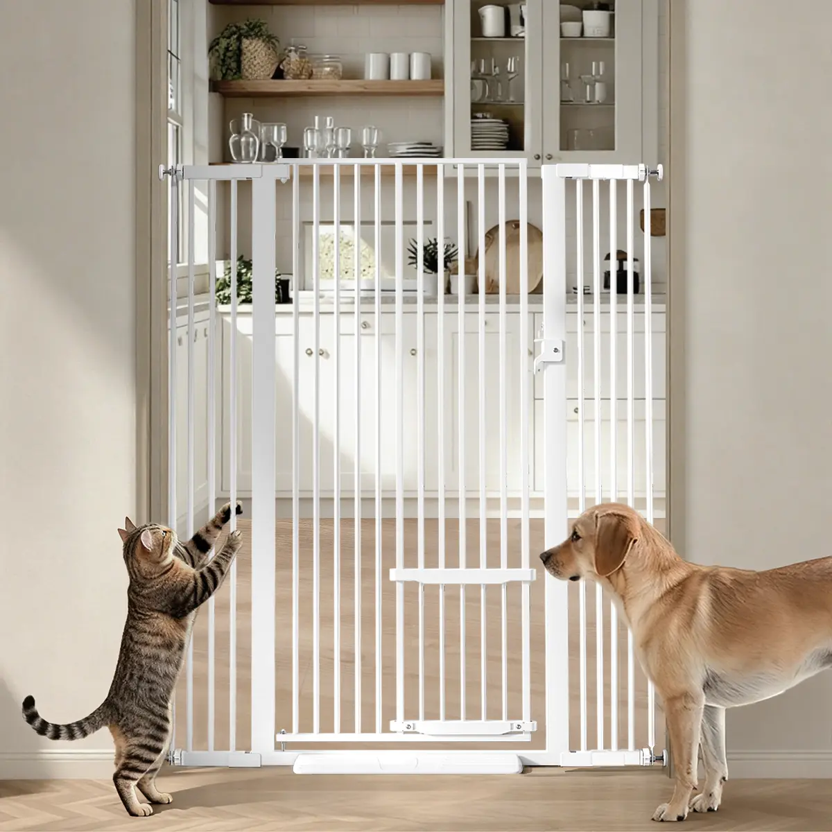 BIOBY 29.5-43" Extra Wide Cat Gate, 55.1" Extra Tall Pet Gate with Adjustable Cat Door, Pressure Mounted Easy Walk Through Pet Gate with Door for Stairs, Doorways, Kitchen, Valentine's Day, White, dealsforyou, summerwins, restock, dealsforyoudays, DFYD