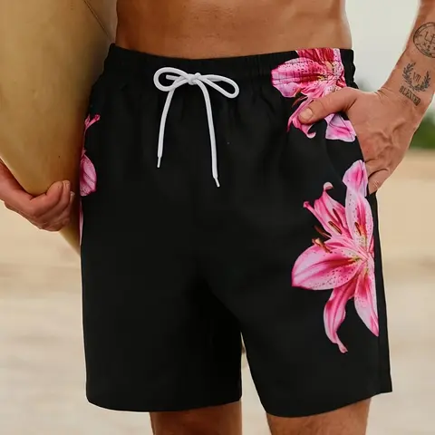 Men's Printed Beach Pants Summer Quick-Dry Casual Shorts, Floral Pattern Sportswear, Above the Knee H-Type Swim Trunks, Swimwear Shorts, Swimming Shorts