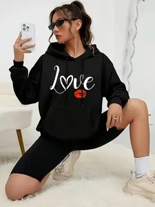 Women's Heart & Letter Print Drop Shoulder Hoodie, Fashion Casual Drawstring Pocket Hooded Sweatshirt for Daily Holiday Outdoor Wear, Women Clothing for Fall & Winter