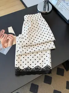 Polka Dot Lace Patchwork Women's Fashion Elegant Straight Leg Pants, Perfect for Campus Wear, Ideal for Travel Womenswear