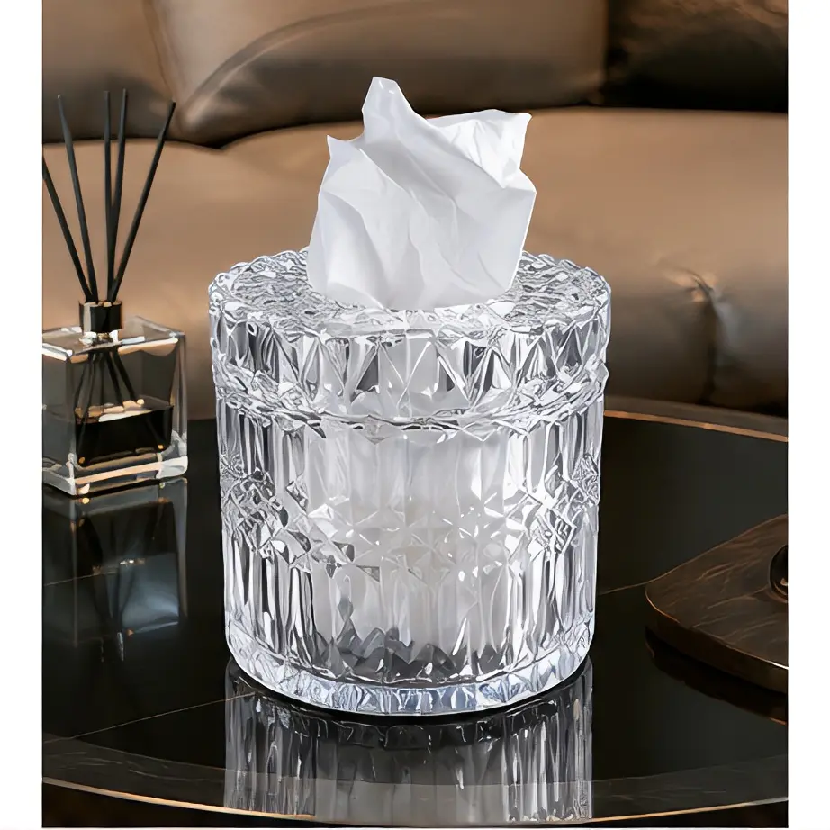 Modern Crystal Glass Tissue Holder, Compact Transparent Decorative Tissue Box Cover with Elegant Textured Design, Easy-Clean Home Accessory for Vanity, Living Room, Office, Wedding & Festival Decor