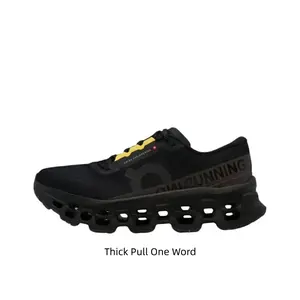 Black yellow accented chunky running kicks layered with soft stretch breathable knit overlays, modern hollow honeycomb cushion sole, sleek monochrome silhouette, this game-changer refreshes your dark sneaker collection