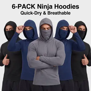 Set of 6 men’s hooded sweatshirts with a face mask design, made from high-elasticity, quick-drying, breathable fabric—ideal for outdoor fishing and running.