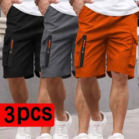 Men’s 3-Pack Sporty Cropped Cargo Shorts, Athletic Plain Menswear, Above the Knee Loose Casual Outdoor Shorts with Zippered Pockets for Summer Sports, Sporty Men's Shorts