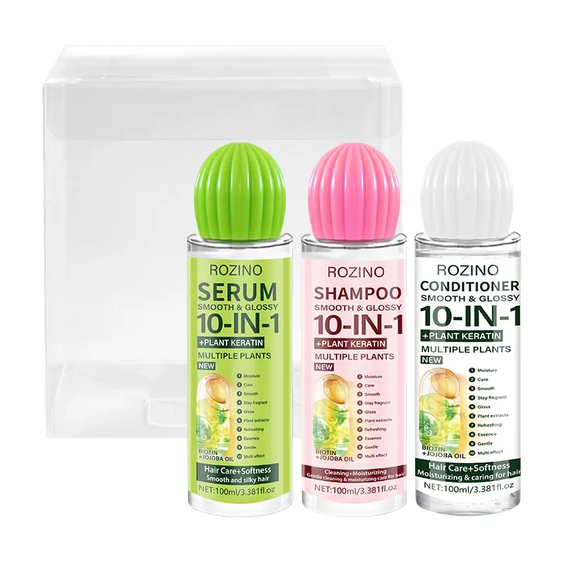 ROZINO 10-in-1 Shampoo Conditioner & Serum Set with Keratin for Smooth Glossy Hair Care 3.38 fl oz Each