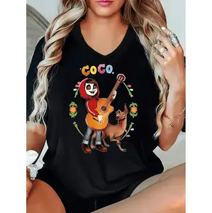 Graphic T Shirt Featuring Mexican Folk Art Dog and Guitar Design for Plus Size Women Ideal for Casual and Themed Occasions Minimalist Round Neck Premium Fabric Quality