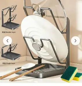 Kitchen Pot Lid & Spoon Storage Rack with Tray - Heavy-Duty ABS Pot Lid Holder Suitable for Stoves,