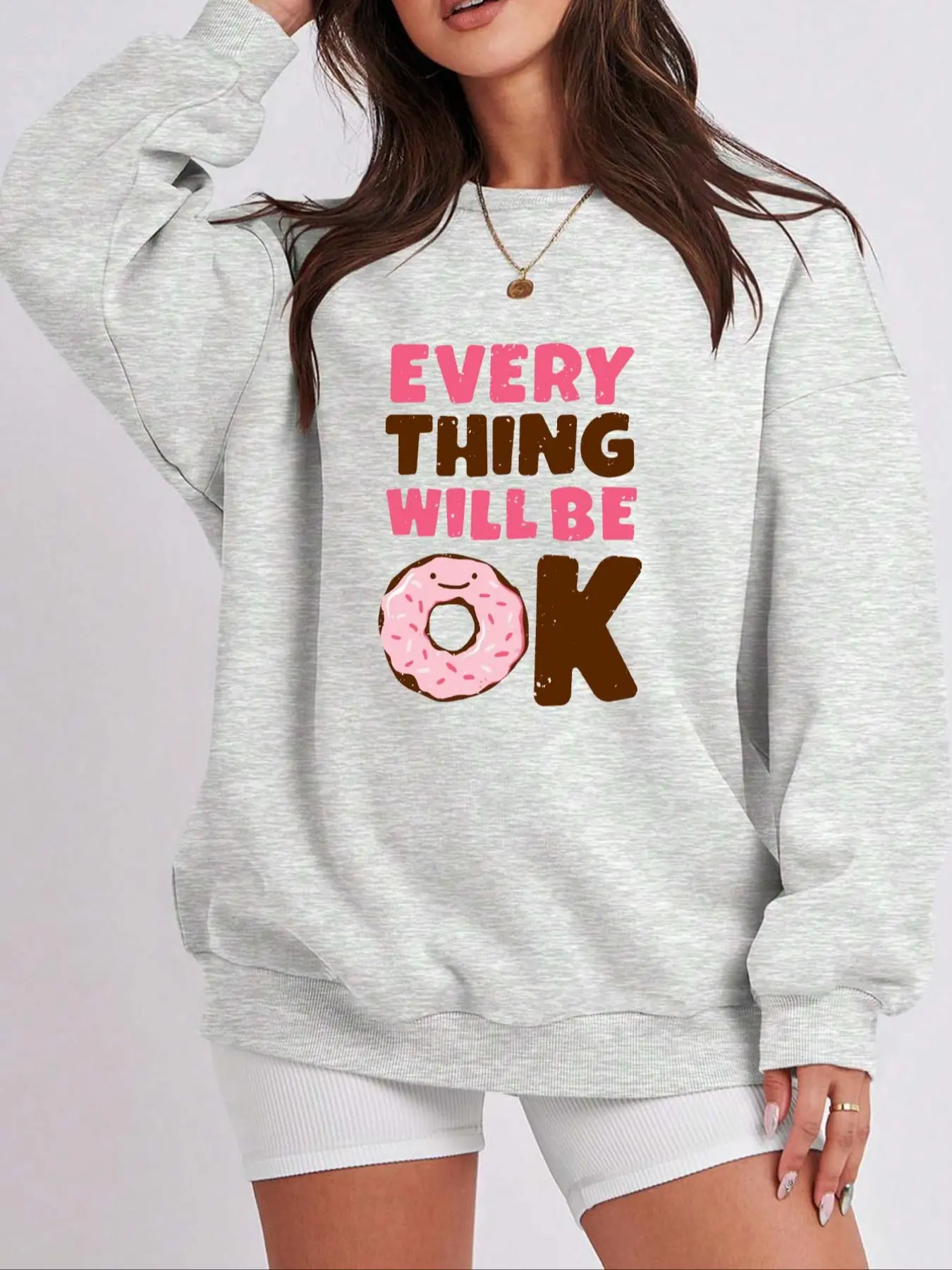 Sweet Donut Geometric Letter Print Fleece Round Neck Sweatshirt, Fall & Winter Casual Loose Fit Pullover, Women's Fashion Top