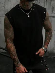 Men's Casual Loose Sleeveless Vest, Rivet Detail Round Neck Top, Lightweight Breathable Fabric, Punk Street Style Aesthetic Streetwear, Summer Fitness & Fashion