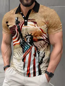 Men's Patriotic Print Polo Shirt, Short Sleeve, Button Placket, Statue of Liberty & American Flag Design, Casual Slim Fit for 4th of July, Summer, Menswear